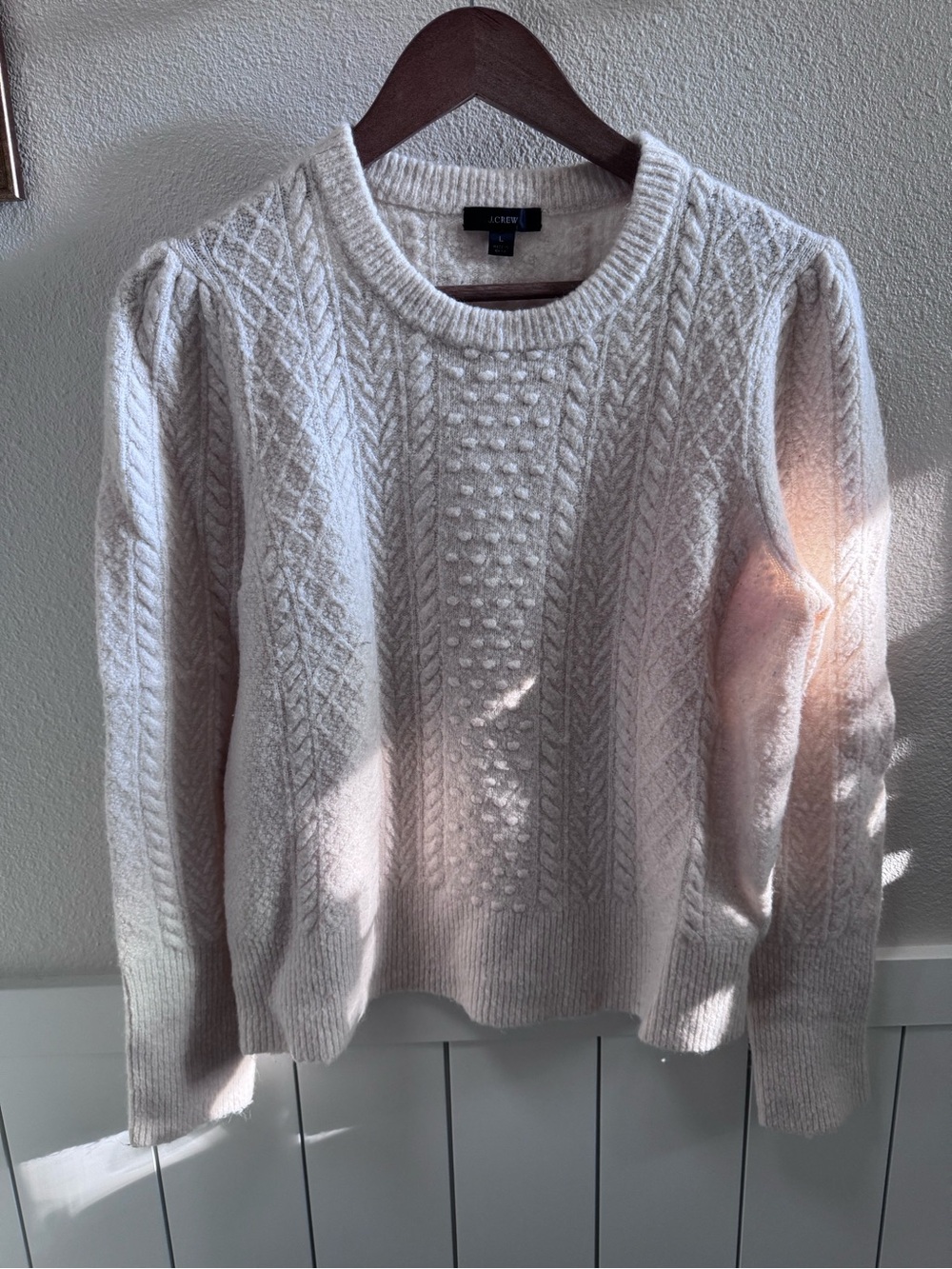 J. Crew Cream Cable Knit Puff-Sleeve Crewneck Sweater